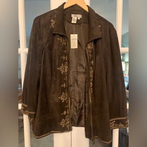 Coldwater Creek Women’s Brown Blazer Jacket Suede-Feel Gold Embroidery NWT 2X